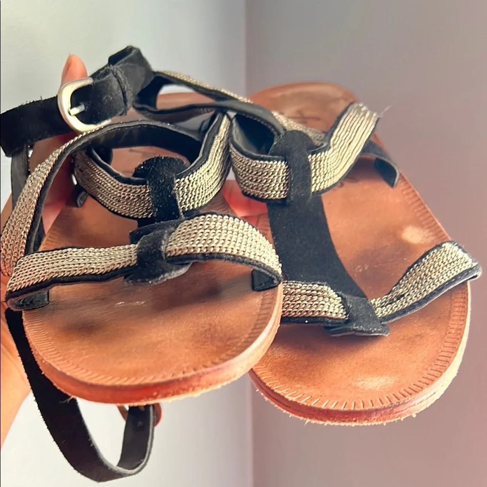 Free People Black With Silver Chain Detailing Suede Gladiator Minimalist Sandals